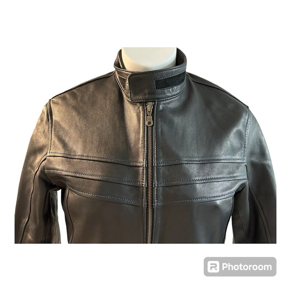 Vtg Pops Black Soft Leather Jacket Full Zip Blue Stitching Unisex Medium Large - Picture 3 of 12